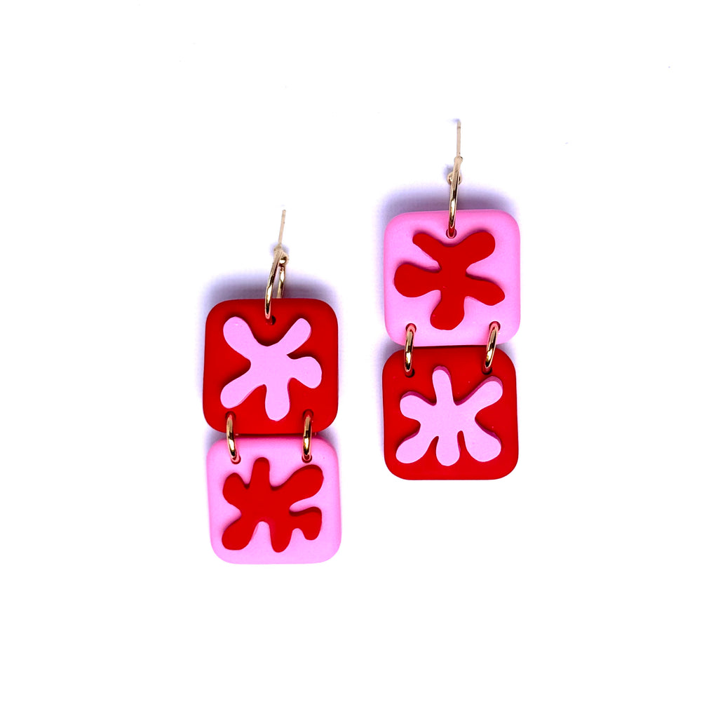 Cutouts Square 2-Part Dangles - Pink/ Red Style 1